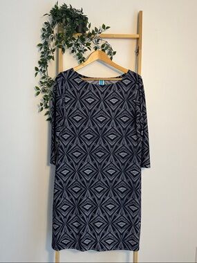 Touch Express Patterned Diamond Print Blue and White Geometric Midi Dress Size L